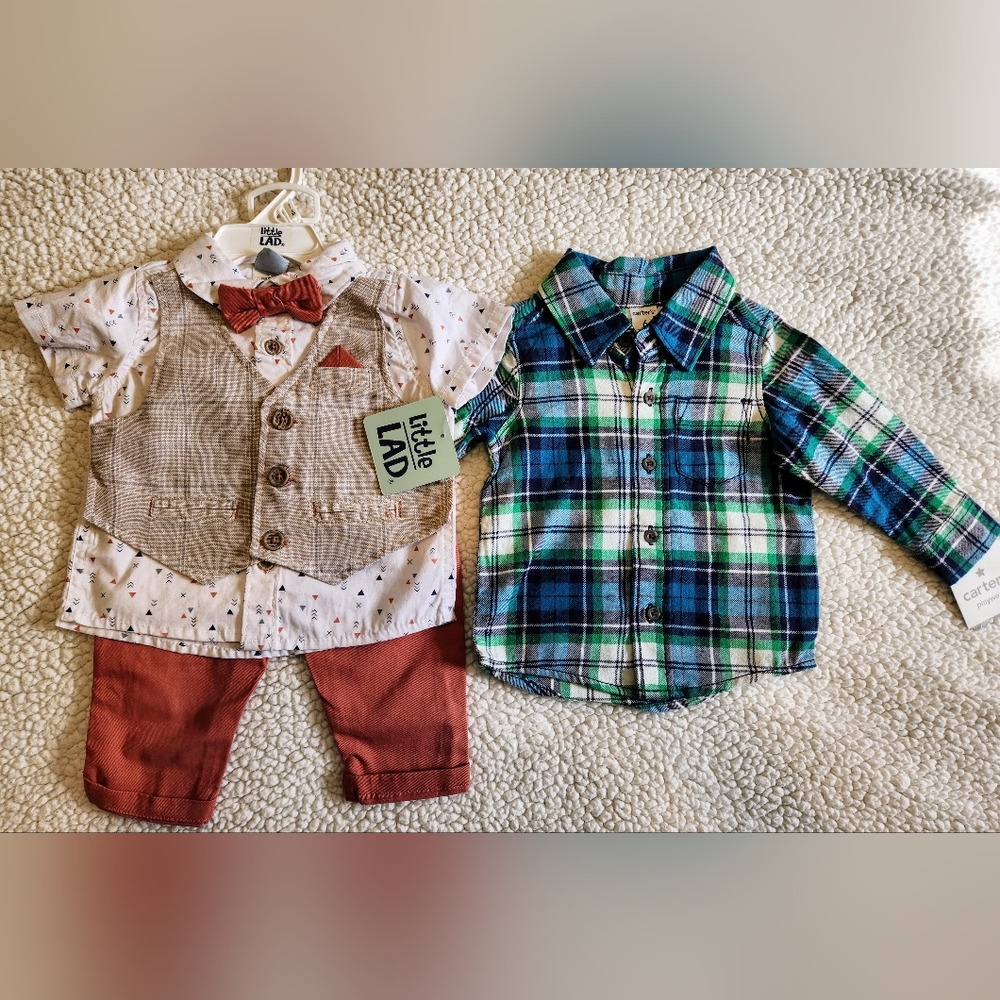 Lot of baby boy's 3 piece outfit and  flannel shirt NWT